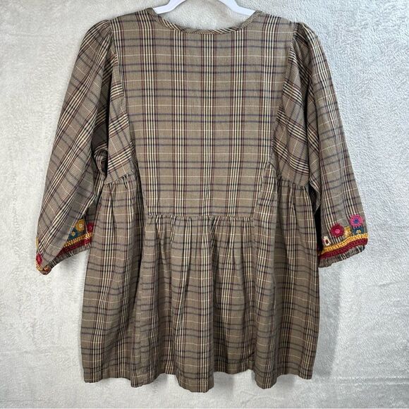 Back In The Saddle Brown Plaid Floral Embroidered Tunic Boho Hippie Western Sz S - Picture 7 of 8
